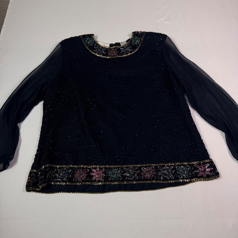 Laurence Kazar Vtg Silk Beaded Top XL Black Sheer Sleeve Evening Cocktail Blouse - Picture 2 of 16
